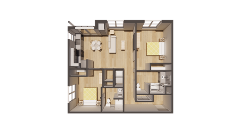 A 3D rendered image of a house layout.